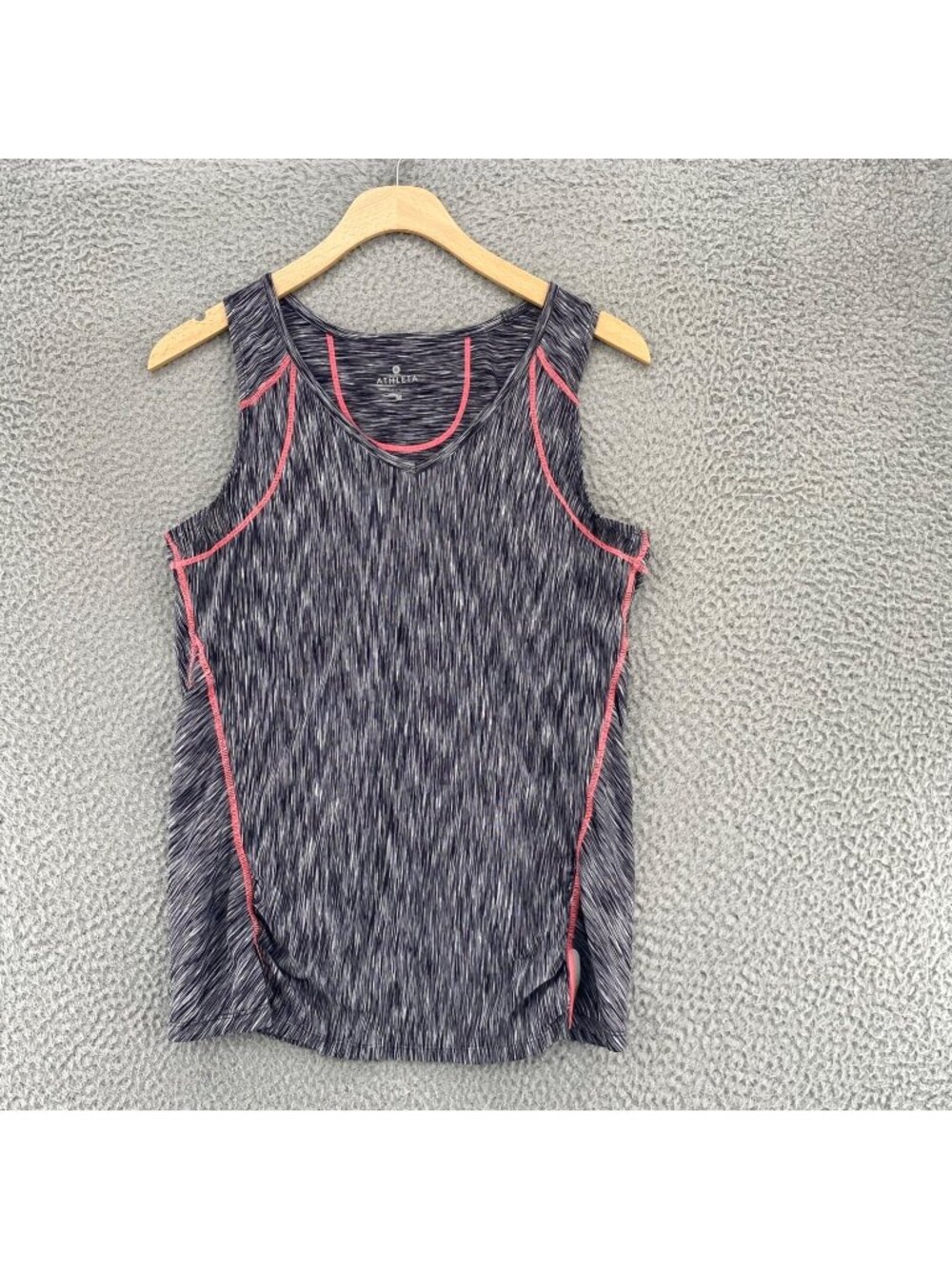 Athleta Top Womens Medium Gray Streak Tank Stretch Contrast Trim V Neck Pocket